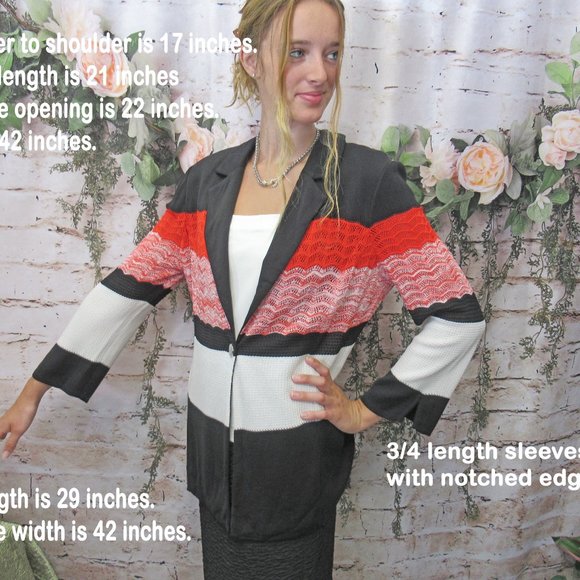 MISOOK knit blazer, Red/black/white striped, V neck with collar, 1 front button - Picture 4 of 10